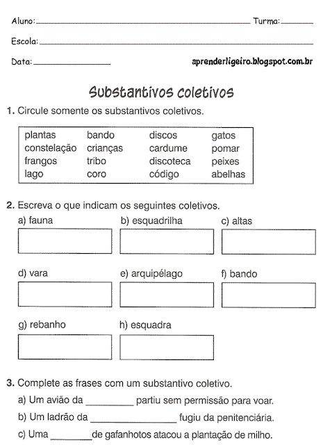 Atividades de Português Substantivos Coletivos para imprimir