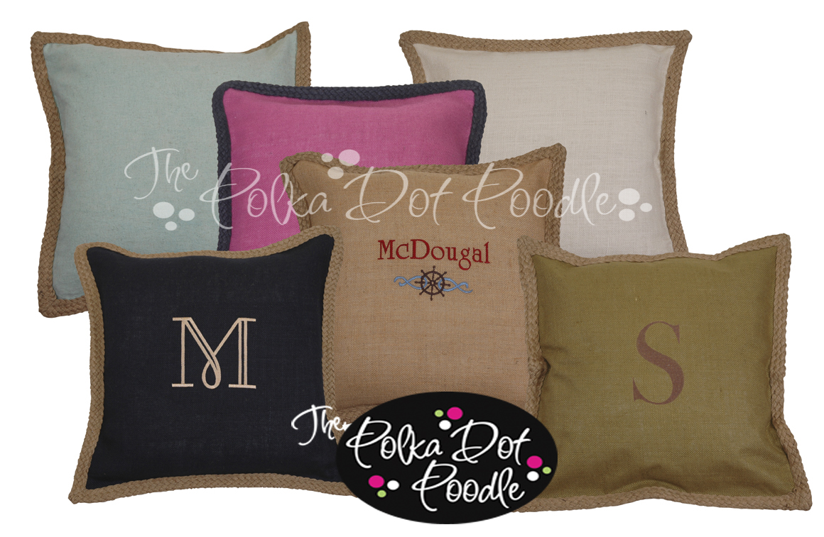 The Polka Dot Poodle Monogrammed Jute Pillow Covers 36 (18x18 pillow