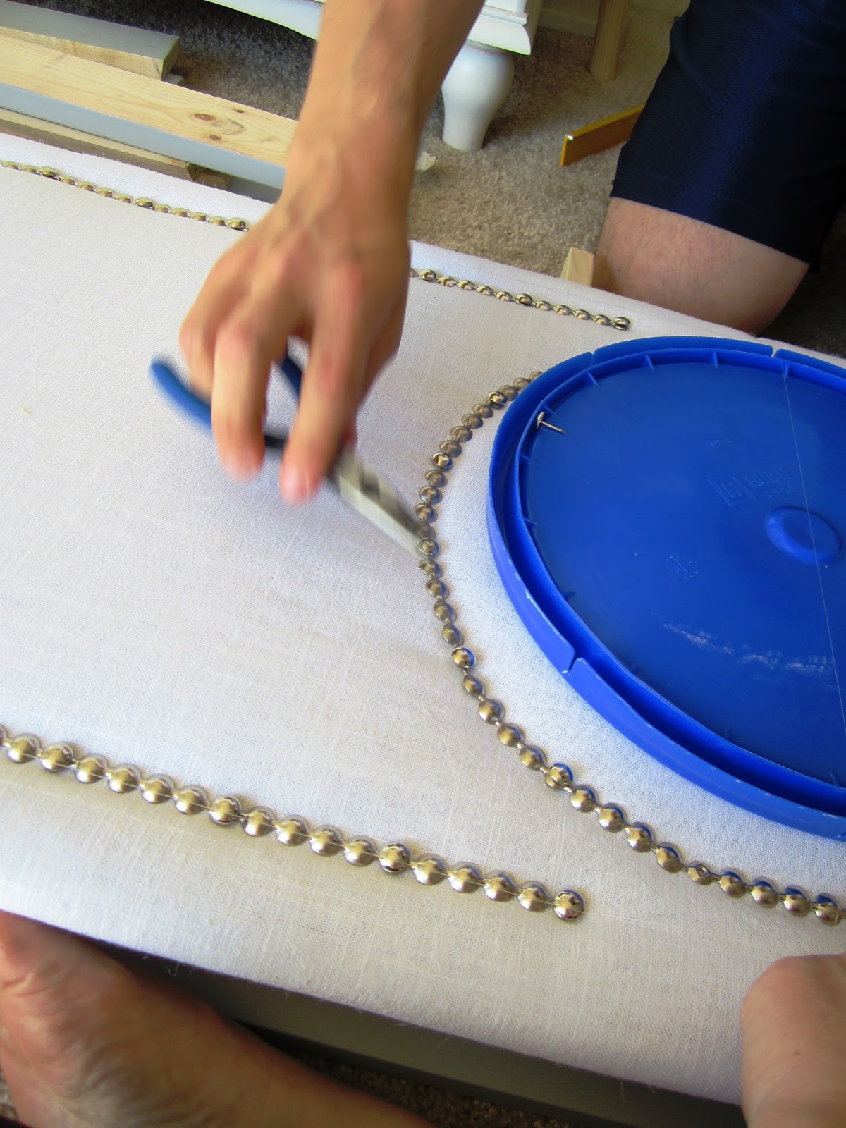 DIY Dithering Silver Nailhead Trim on White Linen Cornices