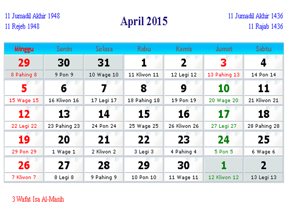 Free download Kalender 2015 (lengkap penanggalan Islam Hijriyah, Jawa