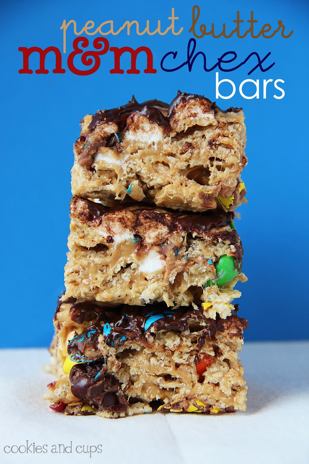 cookies and cups Peanut Butter M&M Chex Bars