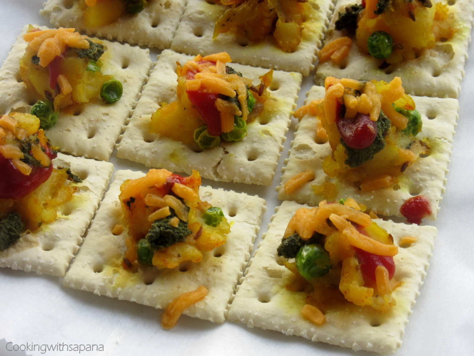 Saltine Crackers Canapes with Potato Peas Topping Cooking With Sapana