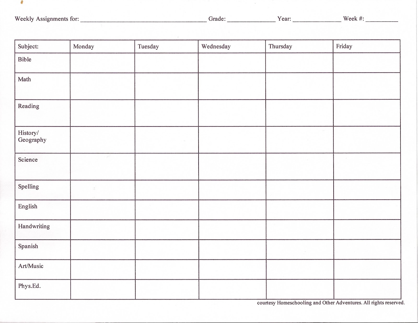 weekly homework assignment sheet