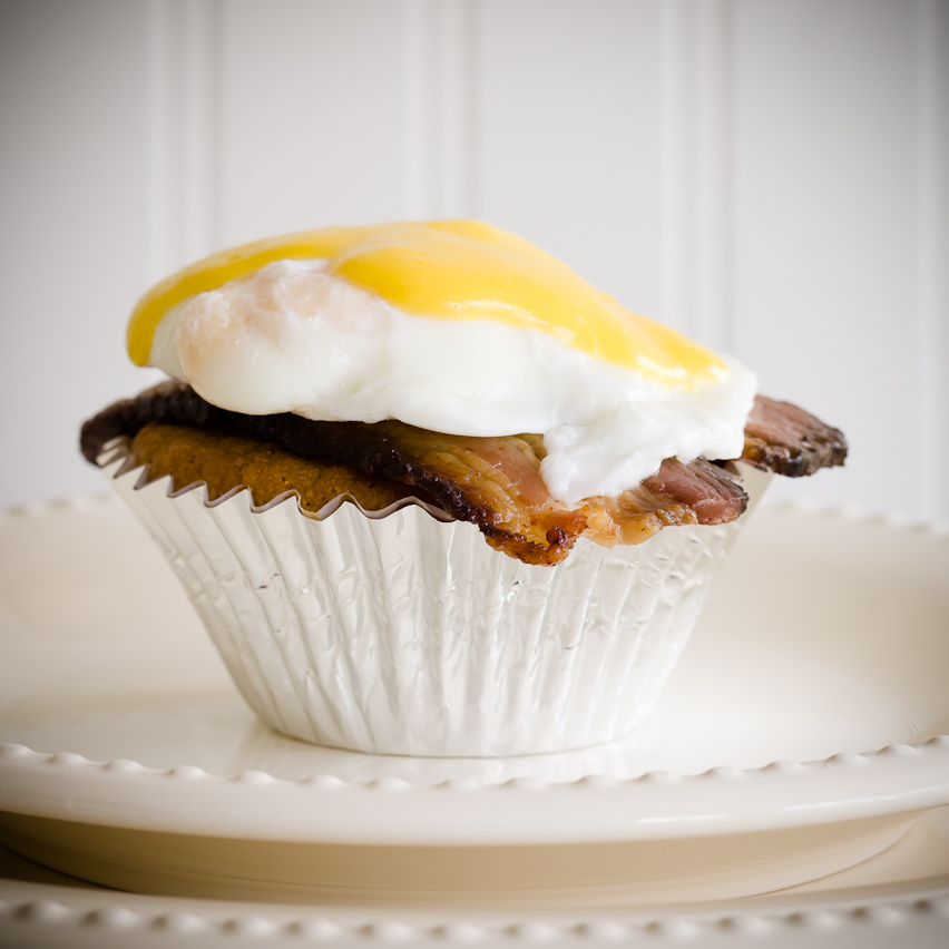 Cupcakes Benedict Maple Cupcakes Topped with Black Forest Bacon, Poached Eggs, and Maple