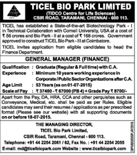 TICEL Bio Park Recruitment of General Manager (Finance) vacancy Post