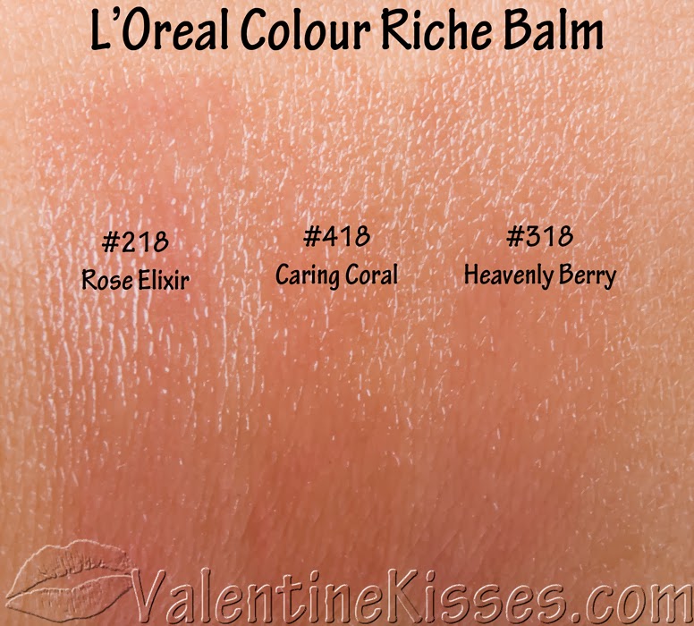 Valentine Kisses L'Oreal Colour Riche Balm in shades Rose Elixir, Caring Coral, Heavenly Berry