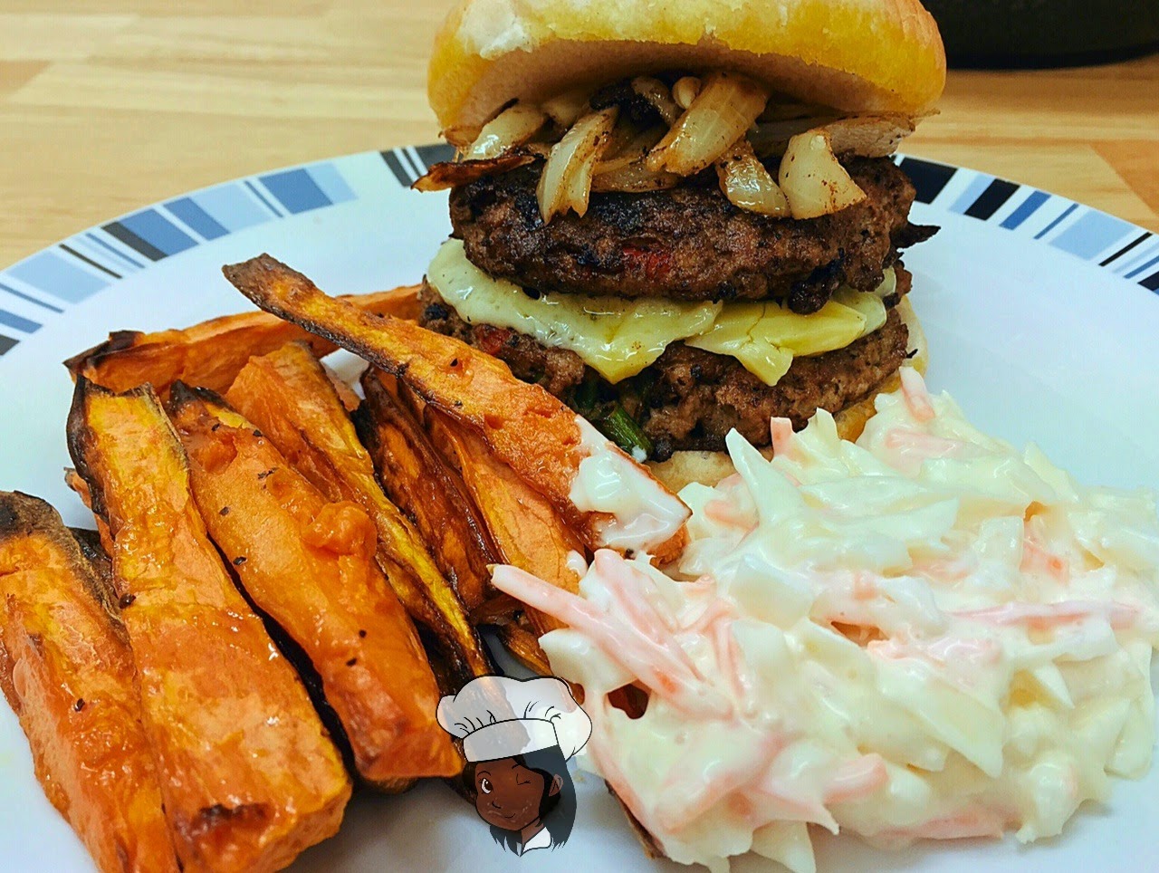 Homemade burgers and Chips cooking with ray