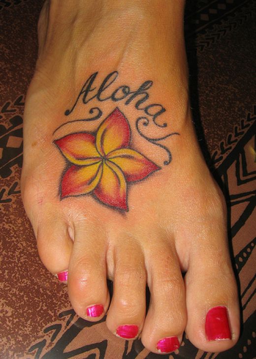 Women Foot Tattoo With Hawaiian Flower Tattoo
