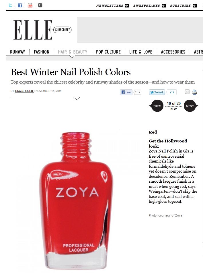 Elle Magazine names best winter colors and includes Zoya Nail Polish in Gia