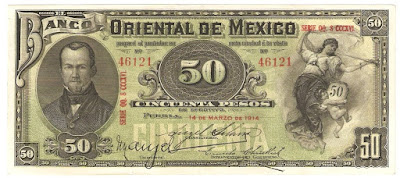 Mexican banknotes 50 Pesos banknote bill Banco Oriental de Mexico