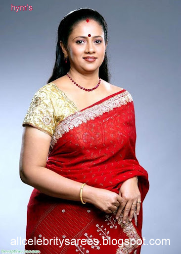 All Celebrities Sarees Designs South Indian Old Aunty Actress Lakshmi Ramakrishnan With Red Heavy Work Saree