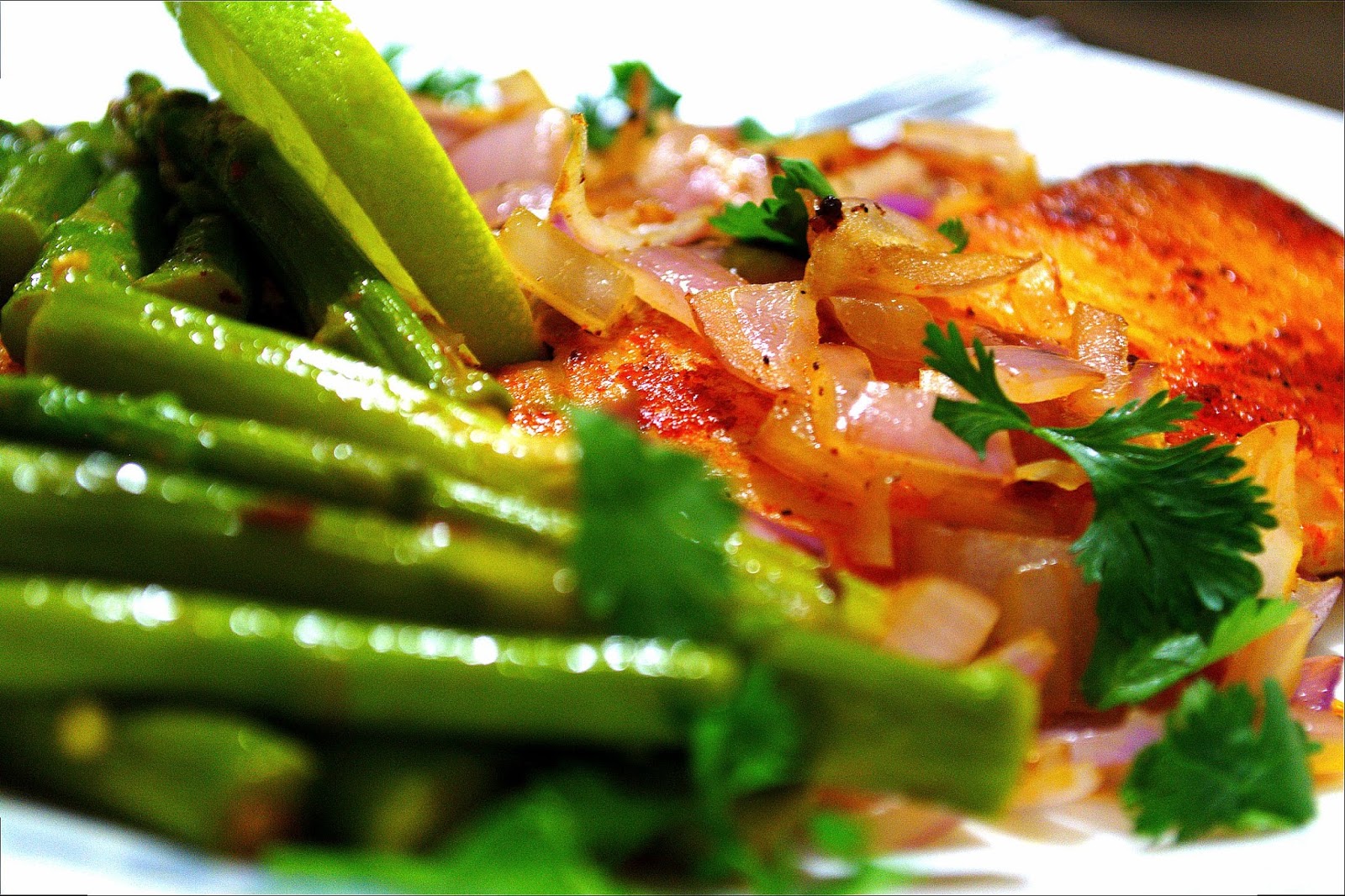 Tilapia with Asparagus stir fry and Sauteed onions Sowmia's Galley