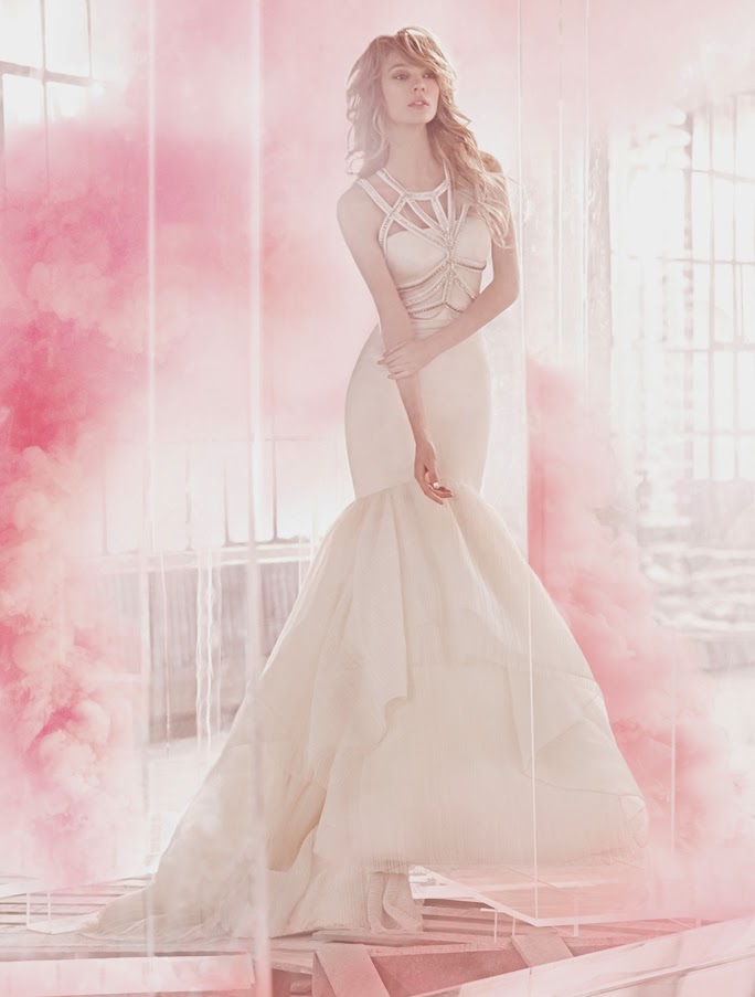 HARLEY PAIGE WEDDING DRESSES SPRING 2015 BY JLM COUTURE silk stretch satin fit to flare “wedding dresses”, elongated bodice with side cut out and soft scoop neckline, full skirt with tiers of pleated