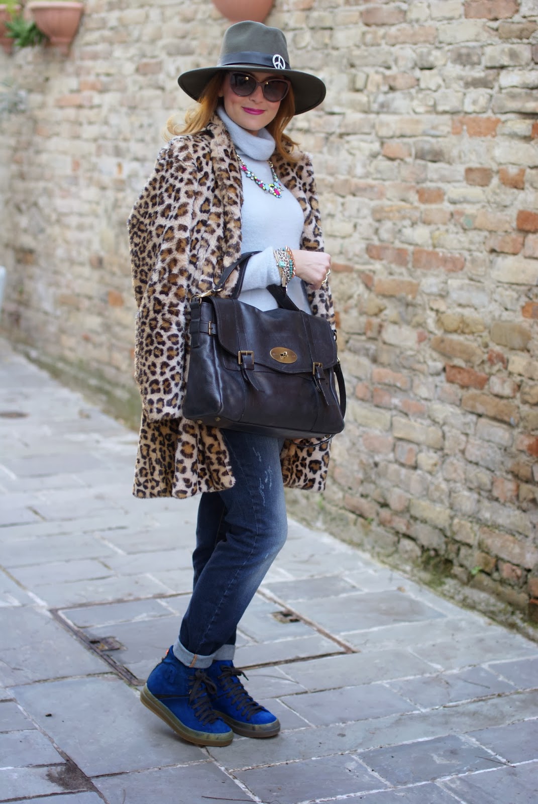 leopard faux fur coat, Ecua-Andino australian hat, Ruco Line blue sneakers, satchel bag, Fashion and Cookies, fashion blogger