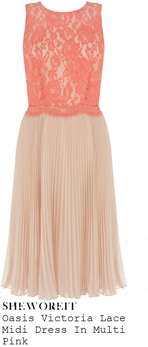 lucy-mecklenburgh-salmon-coral-pink-and -light-pink-floral-lace-sleeveless-pleated-midi-dress-billy-elliot