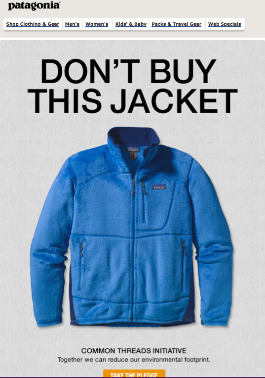 Overtime CyberMonday Patagonia says "Don't buy (our) jacket!"