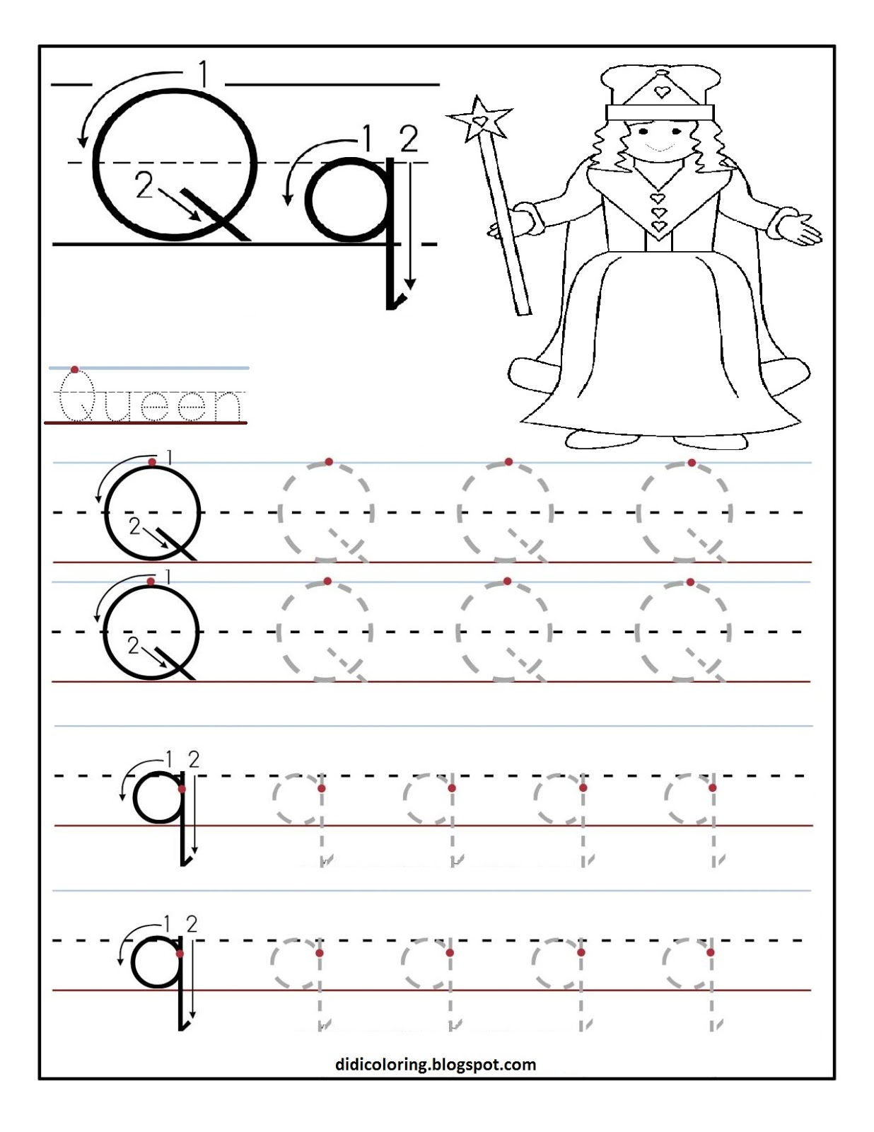 Free printable worksheet letter Q for your child to learn and write