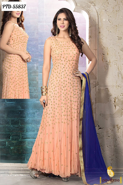 Latest Heavy Work Indian Marriage Special Peach Net Gown Style Anarkali Salwar Suit