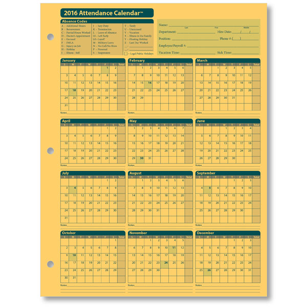 Monthly 2016 Calendar for Workers Attendance , download free 2016 Calendar for employee attandance, attendance 2016 calendar, 2016 Office attendance calendar