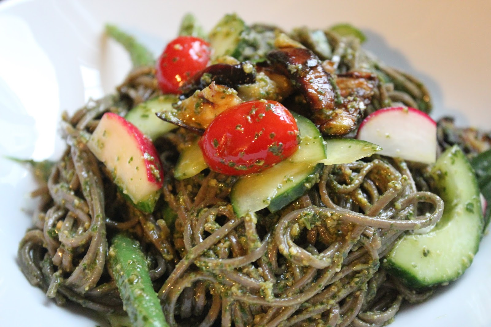 Delicious Dishings Soba Noodle Salad with Pesto And Grilled Eggplant