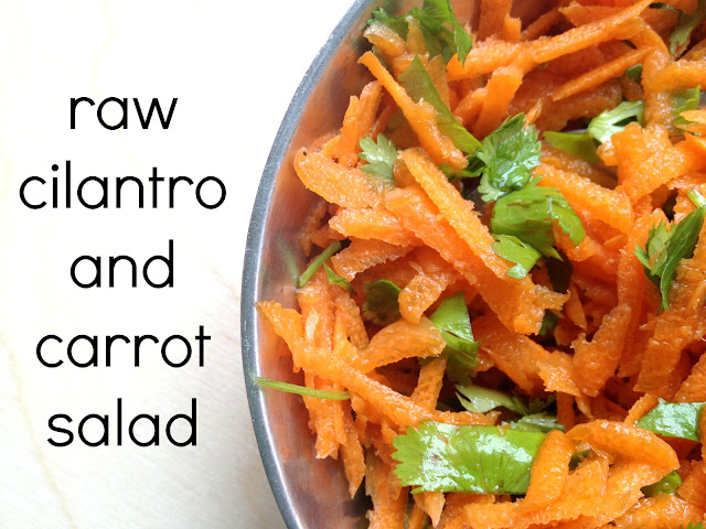 Raw Cilantro Carrot Salad - This whole food, vegetarian side dish is made with raw vegetables and fresh herbs. It's easy to create healthy menu plans with foods like this!