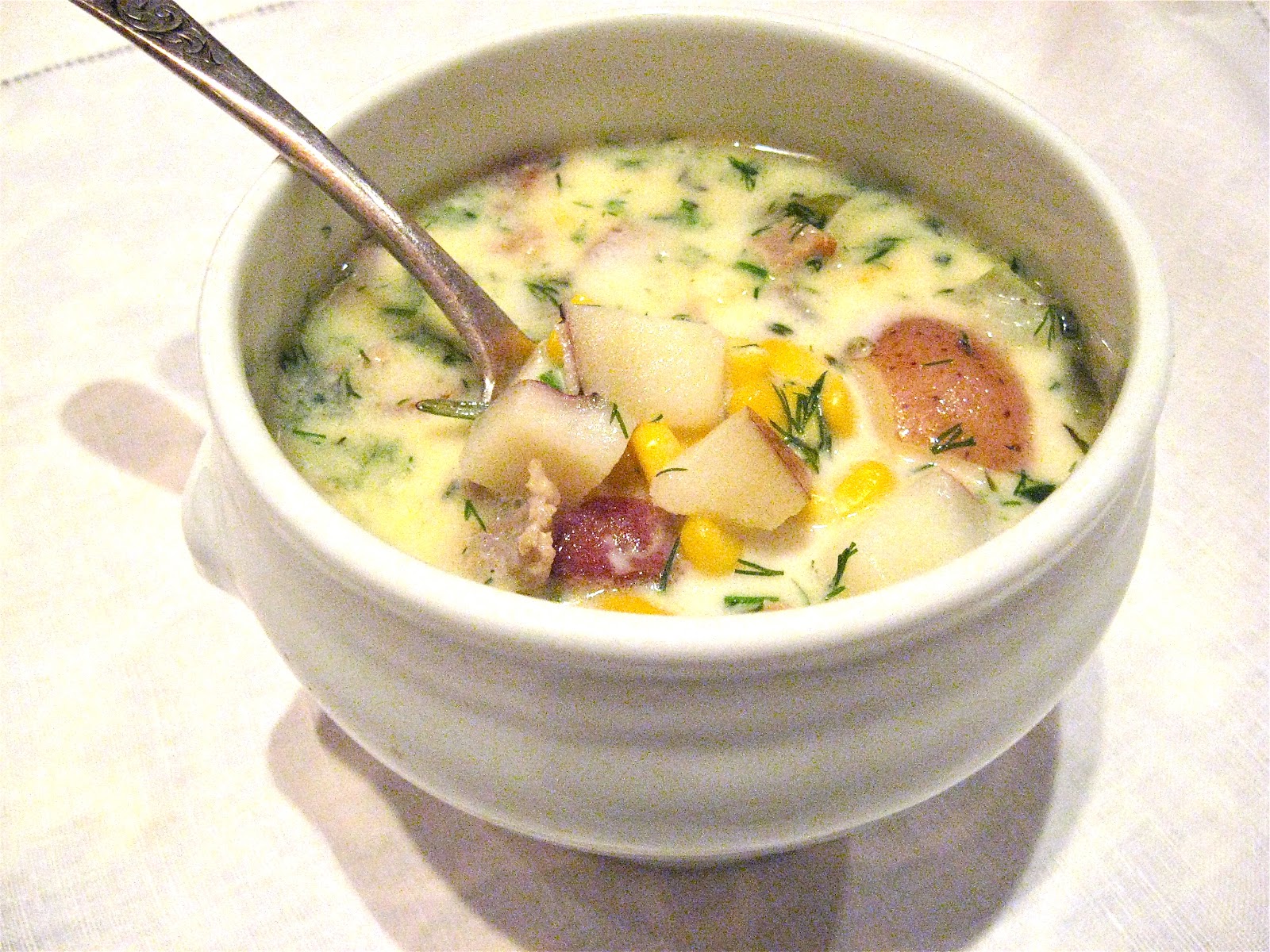 she's in the kitchen corn chowder with bacon, leeks and fresh dill