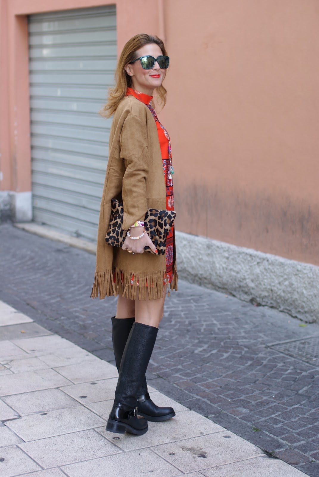 Suedette fringed coat from Yoins and Lorenzo Mari boots on Fashion and Cookies fashion blog, fashion blogger style