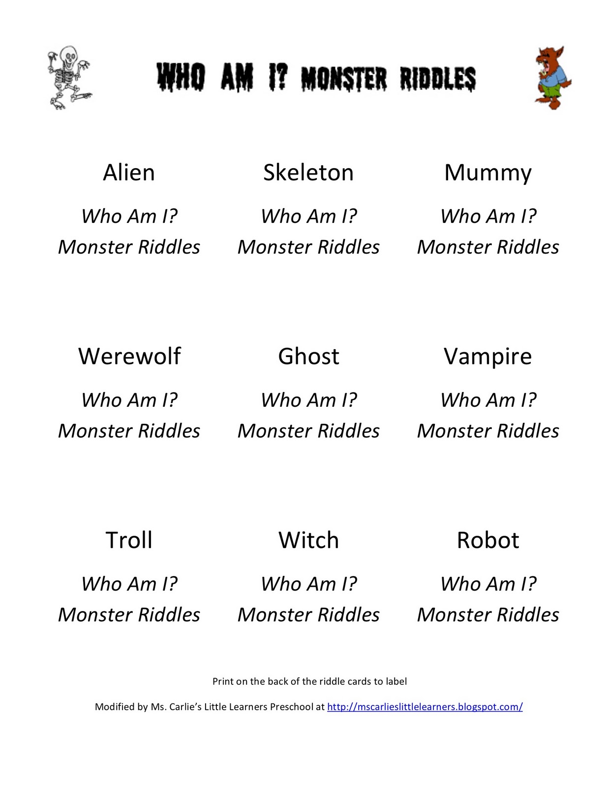 Ms. Carlie�s Little Learners Preschool {halloween activity} monster match