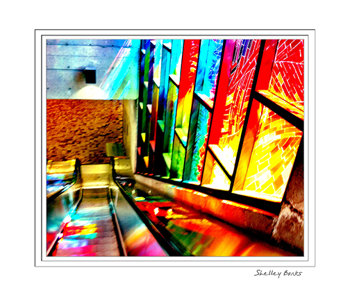 Late afternoon sun spilling colours down the escalator.  © SB   Copyright Shelley Banks, all rights reserved