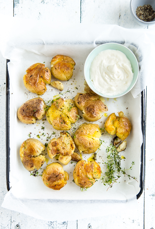 Smashed Thyme Potatoes With Garlic and Lemon Sauce Journey Kitchen
