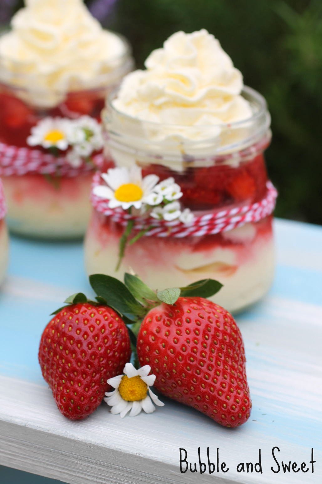 Bubble and Sweet Strawberry and Cream Cheesecakes in a Jar