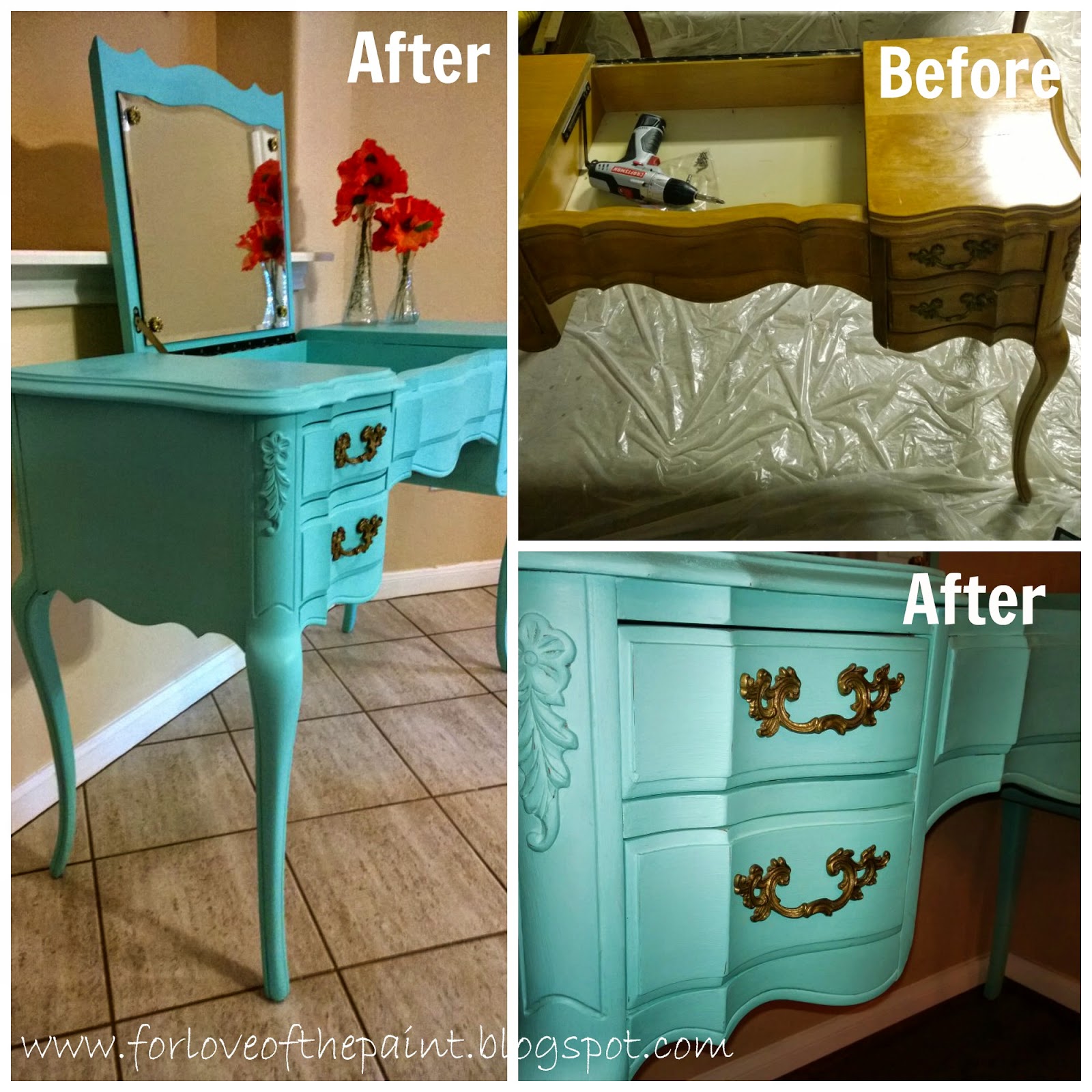 For Love of the Paint Before and After Aqua Blue Antique French Provincial Vanity