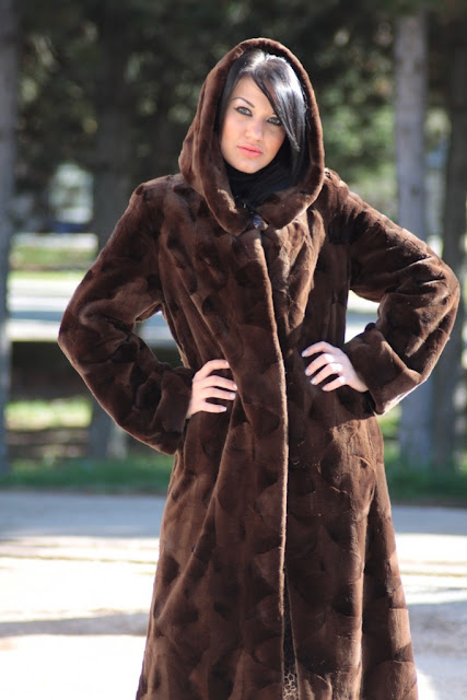 brown oval mink fur coat with hood