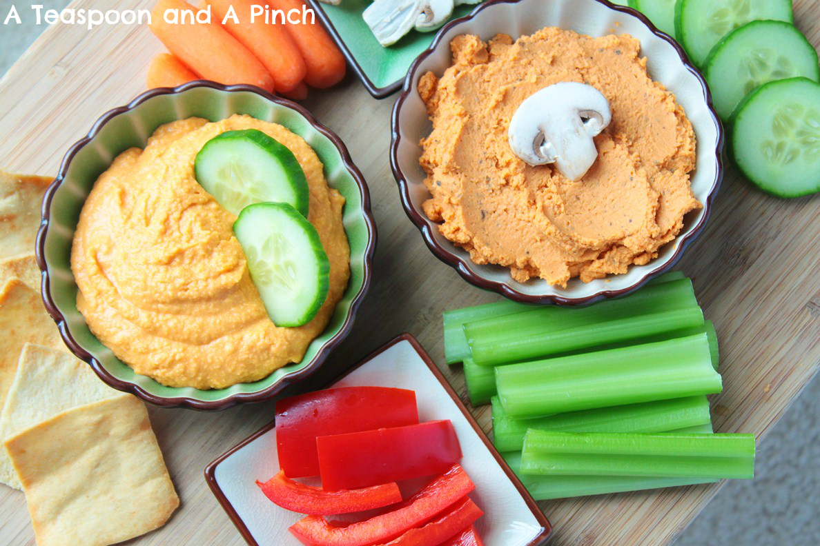 A Teaspoon and A Pinch Healthy Super Bowl Hot Wing Hummus and Pizza Hummus
