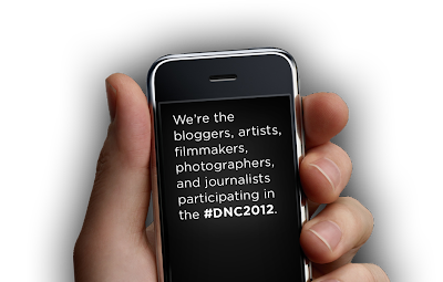 Image from the PPL website [Description: Hand holding a cellphone with following words: "We're the bloggers, artists, filmmakers, photographers, and journalists participating in the #DNC2012