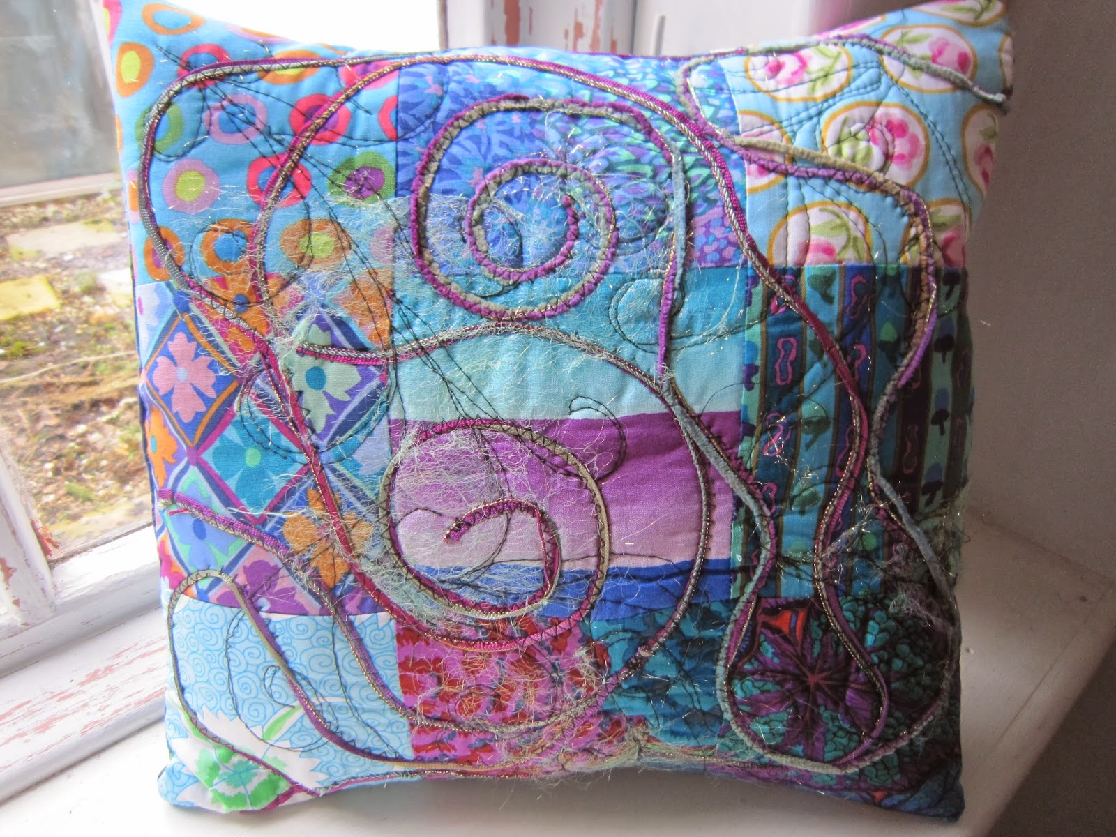 Sew What? by Debbie Shore Free motion patchwork cushion cover