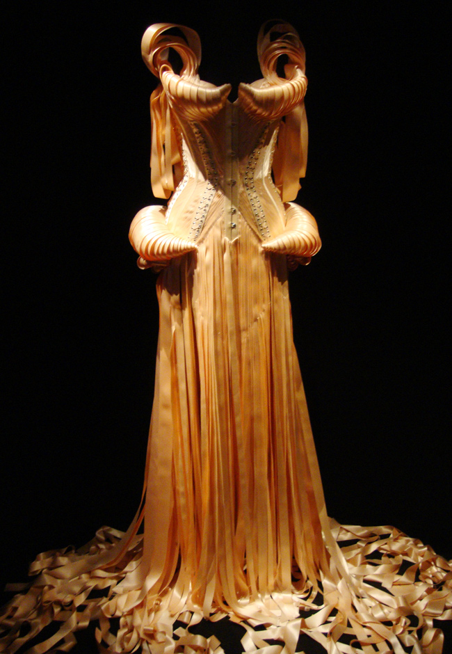 The Fashion World of Jean Paul Gaultier From the Sidewalk to the Catwalk exhibition, London Barbican 2014, Black Swan 2011 collection ribbon dress Jean Paul Gaultier, Black Swan Collection, Ribbon Dress