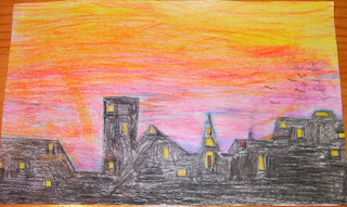 coloured drawing of buildings and orange purple sky