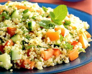 Tabouleh: Classic Middle Eastern salad of cracked wheat and mixed vegetables.