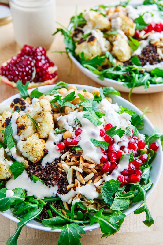 Roasted Cauliflower and Chickpea Quinoa and Arugula Salad with Almonds