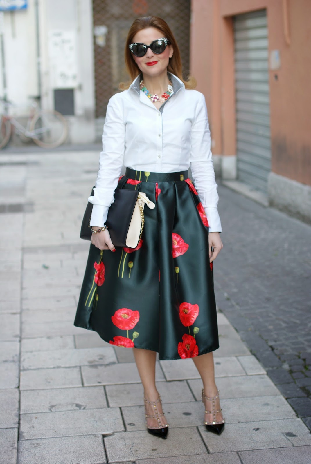 Valentino Rockstud pumps, black patent Valentino heels, Romwe midi skirt, poppy print skirt, Fashion and Cookies, fashion blogger