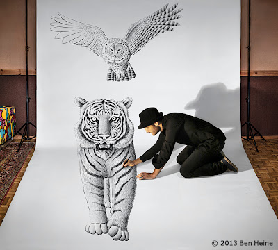 Ben Heine Art - 3D Drawing - Pencil Vs Camera - Tiger Owl and Artist in Forest - 2013