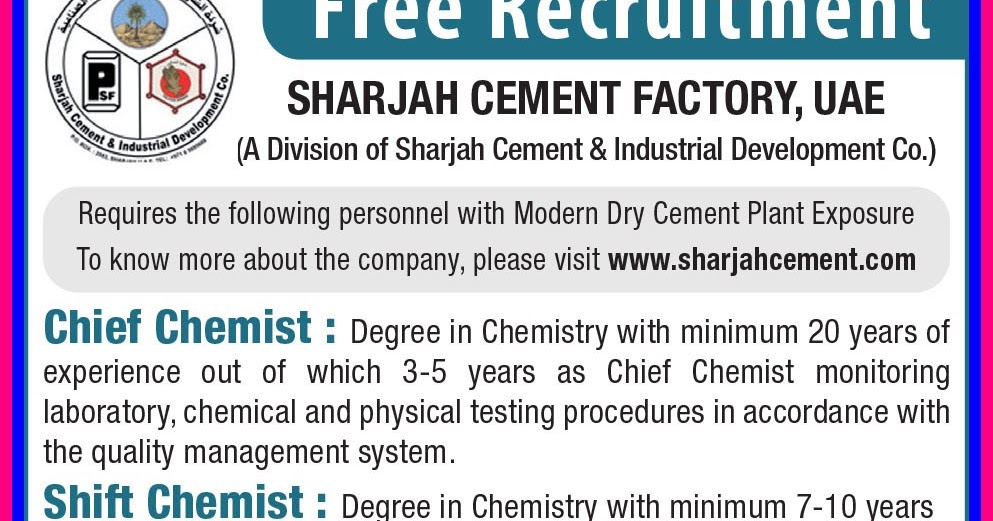 Free Recruitment For Sharjah Cement Factory,UAE Gulf Jobs for Malayalees