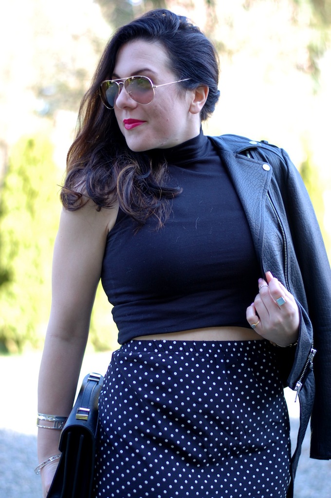 Pretty Pieces vintage polka dot skirt, Mackage leather jacket and a Loeffler Randall Rider bag Vancouver fashion blogger
