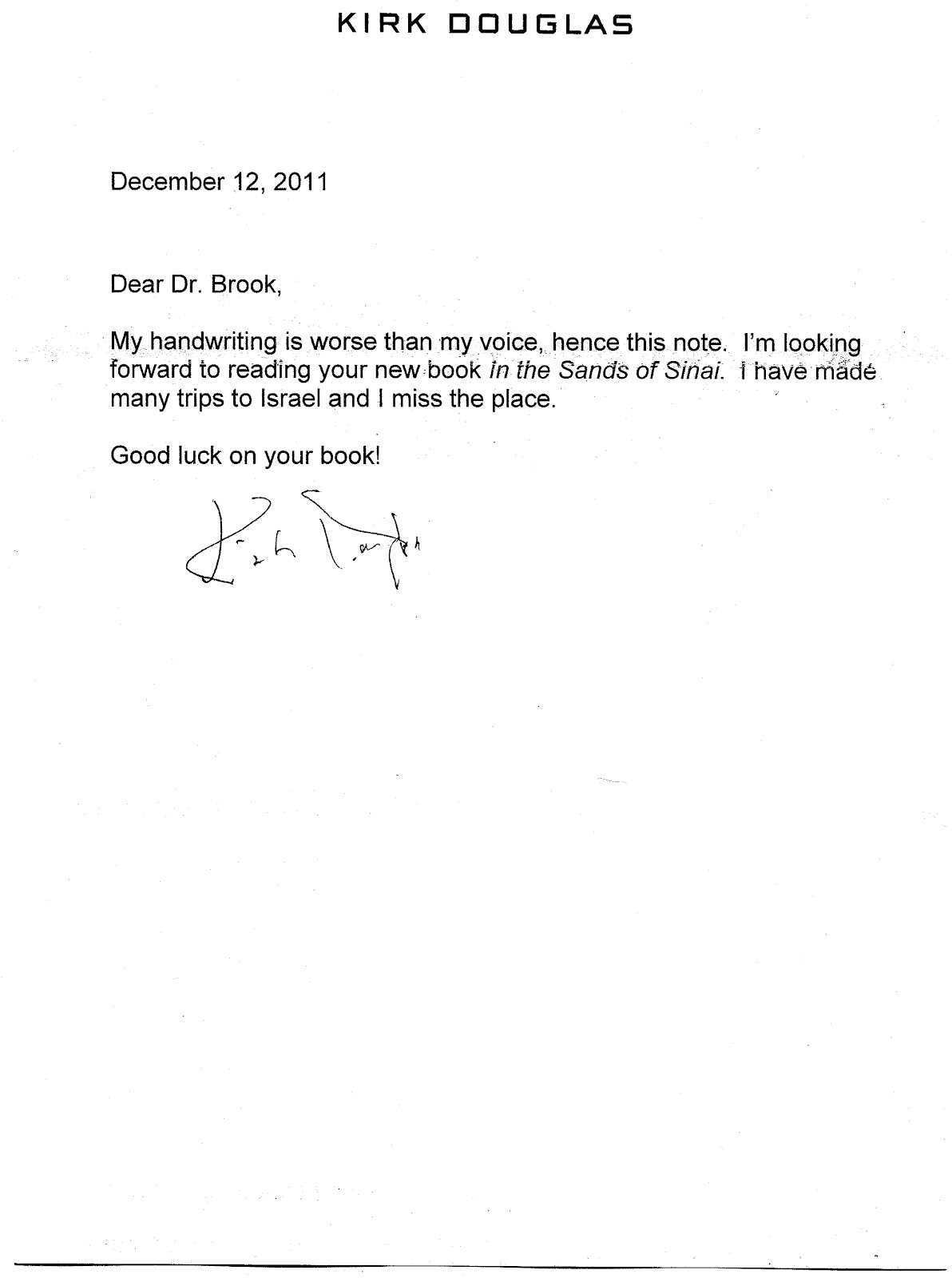 Kirk Douglas letter to Dr Brook about the book