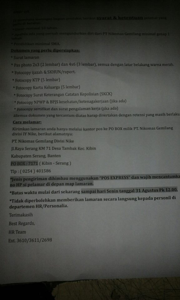 Lowongan Kerja Lowongan Kerja Pt Nikomas Gemilang