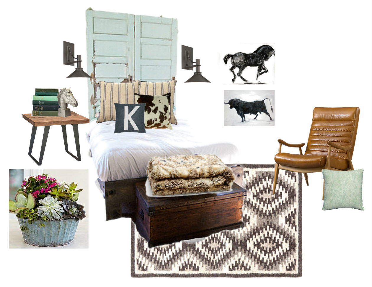 Master Bedroom Makeover - Design Board. Vintage Doors, tribal boho rug, cow skull, wall sconce and mid century night stands