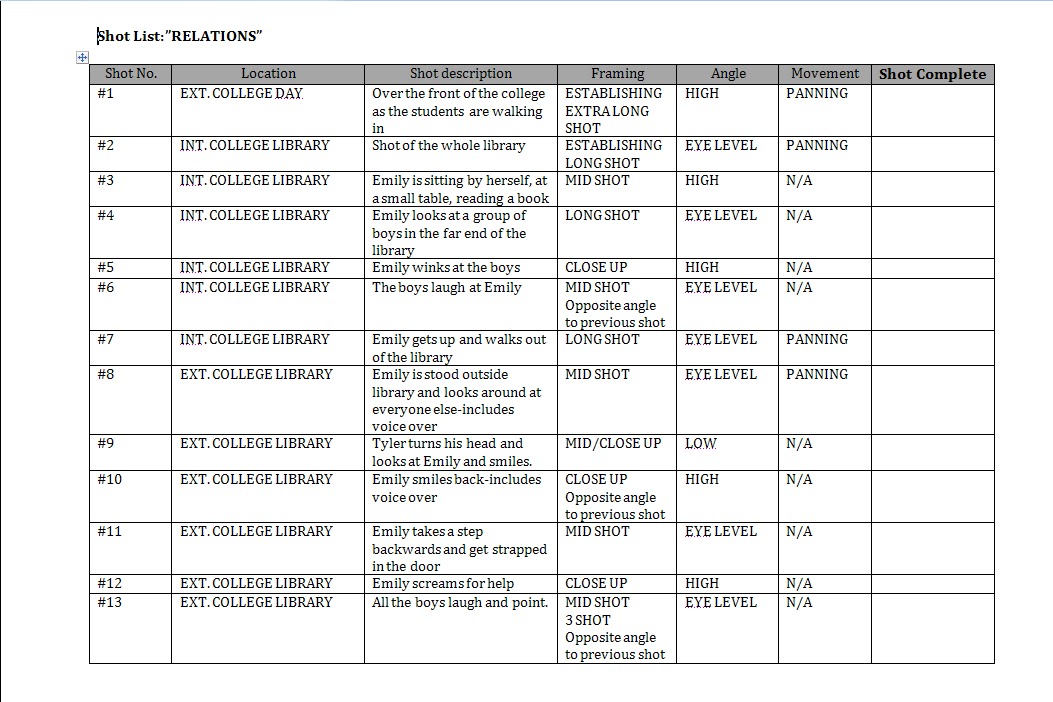 as media studies georgie field planning shot list new