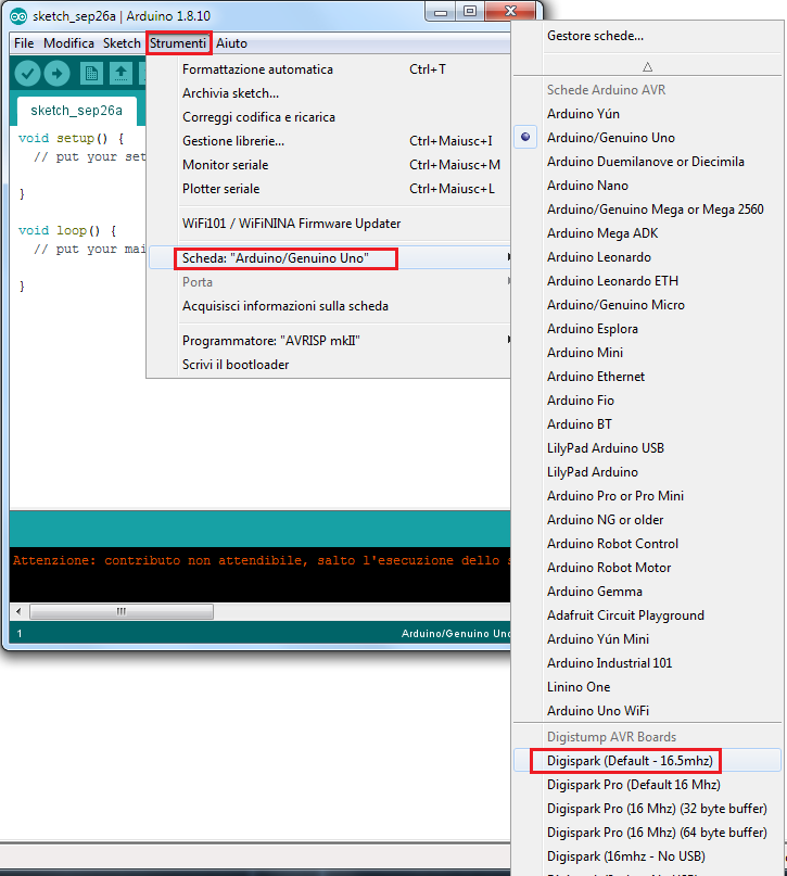Arduino IDE, Scheda Digispark (Default - 16.5mhz) Arduino IDE, Scheda Digispark (Default - 16.5mhz)