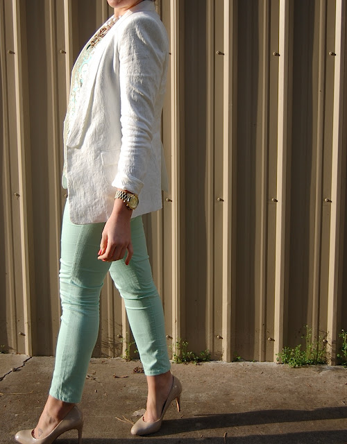 J.Crew gilded jacquard top, Zara blazer, Mint Forever 21 jeans, Expressions pumps, Chanel caviar wallet 